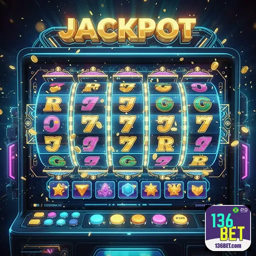 Imagem de uma máquina de caça-níqueis com elementos do site 136bet, promovendo jogos de slots online.